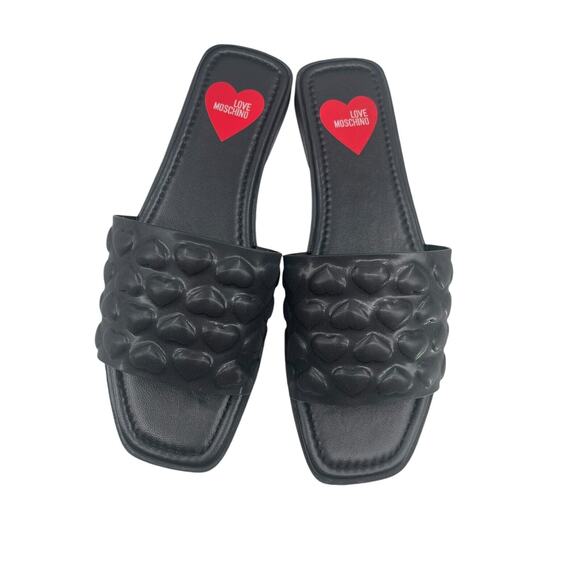 Love Moschino Slide Sandals Embossed Hearts Black Size 37 - Picture 1 of 13